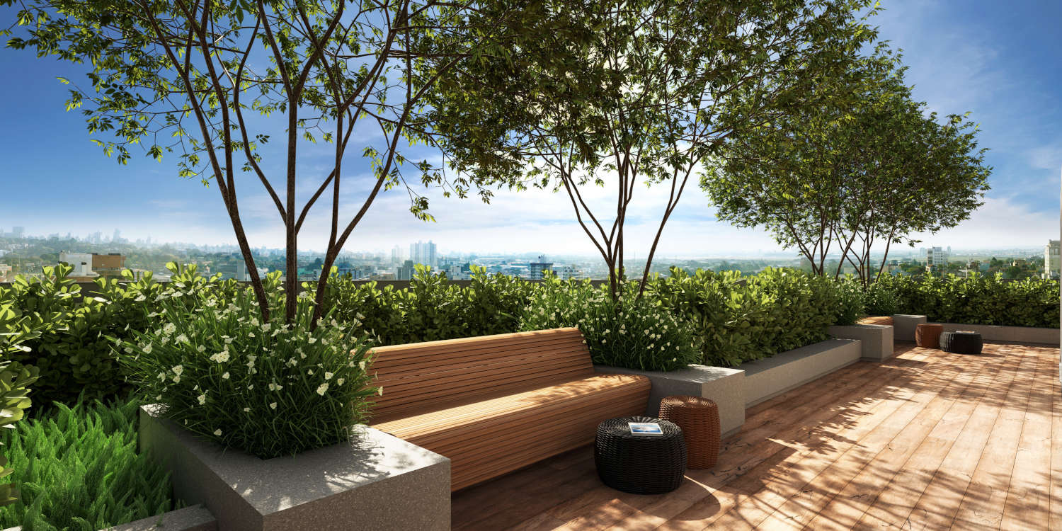 Rooftop gourmet espaçoso com ambiente moderno, área para churrasco, lounge aconchegante, espaço para eventos e uma vista deslumbrante da cidade.